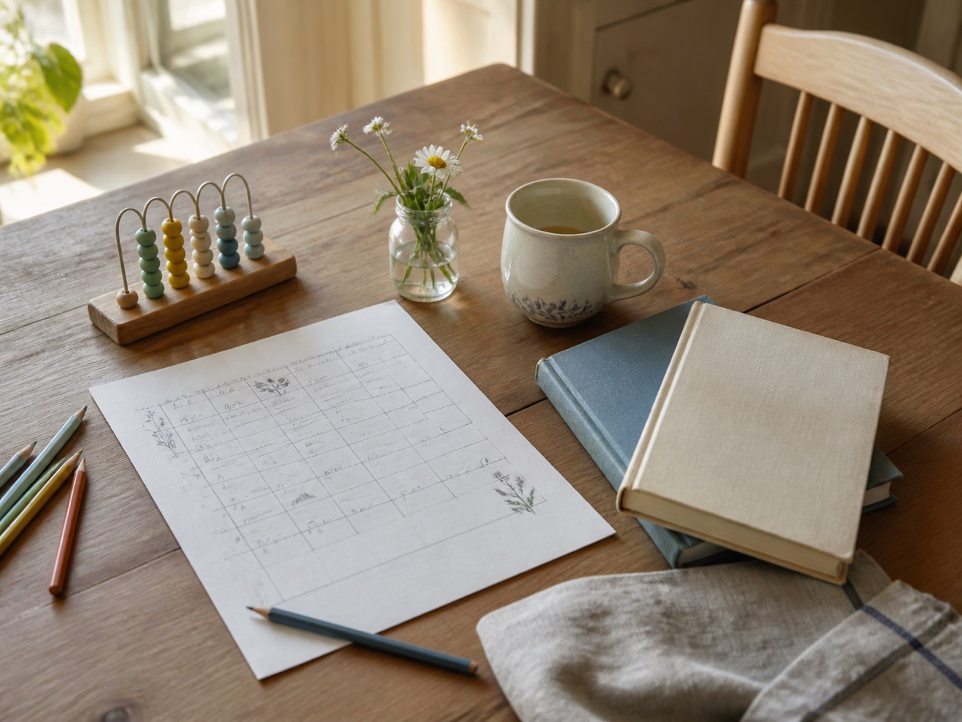 A warm, lived-in homeschool setup at the Wride family's kitchen table