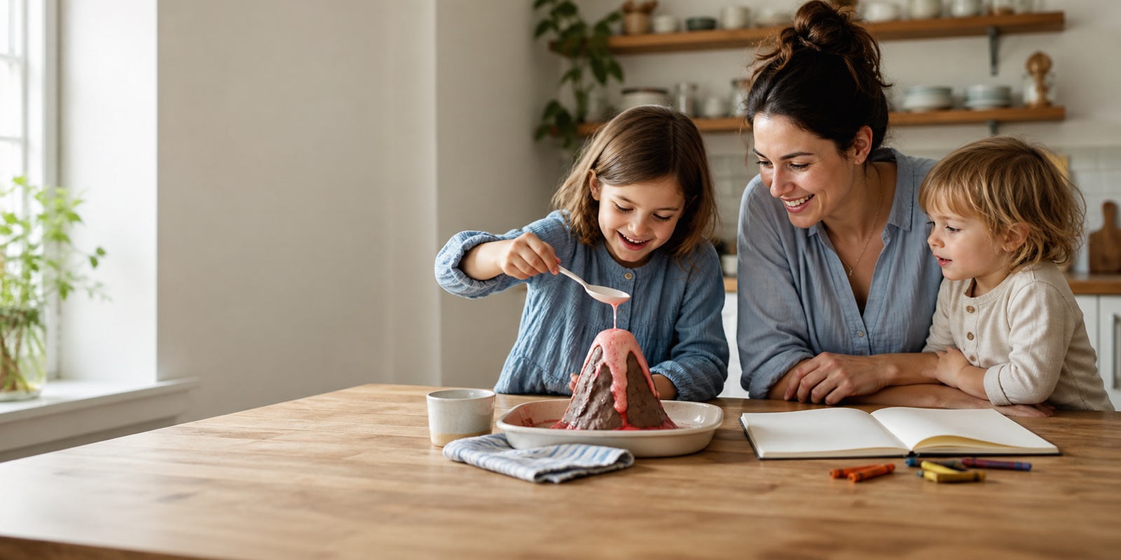 Young siblings enjoying a hands-on baking soda volcano homeschool activity